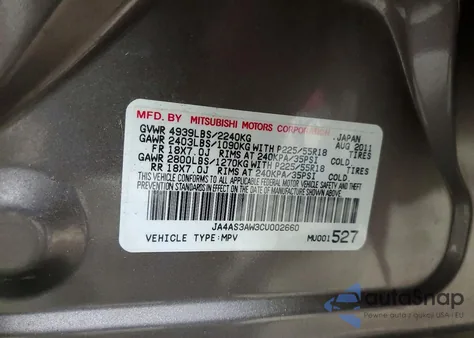 2012 Mitsubishi Outlander Se from USA, damaged, VIN JA4AS3AW3CU002660
